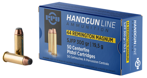 Prvi Partisan Pistol Ammunition PPH44MF, 44 Rem Mag, Semi Jacketed Flat Point, 300 gr, 1279 fps, 50 Rd/Bx