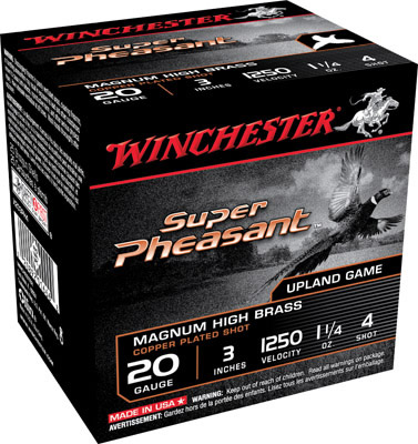 Winchester Super X Pheasant Copperplated X203PH4, 20 Gauge, 3", 1-1/4 oz, 1250 fps, #4 Lead Shot, 25 Rds/Bx