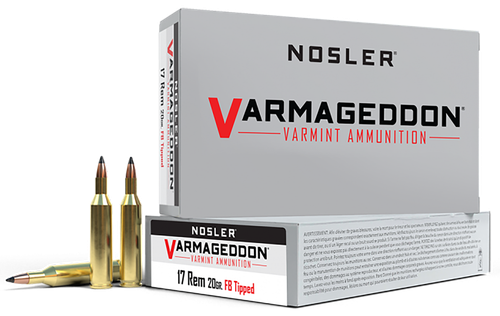 Nosler Varmageddon Ammunition 65105, 17 Remington, Flat Base Tipped, 20 GR, 4200 fps, 20 Rd/bx