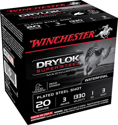 Winchester Super X Dryloc Super Steel Shotshells XSM2033, 20 Gauge, 3", 1 oz, 1330 fps, #3 Steel Shotshells Shot, 25 Rds/Bx