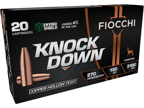 Fiocchi Knock Down Rifle Ammunition 270CHA, 270 Win, Hollow Point, 130 gr, 3100 fps, 20 Rd/Bx