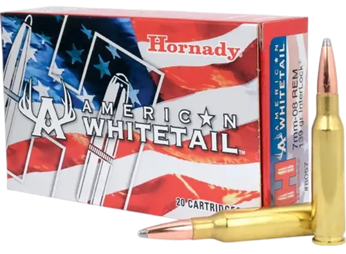 Hornady American Whitetail Rifle Ammunition 8057, 7mm-08 Remington, Soft Point (SP), 139 GR, 2608 fps, 20 Rd/bx