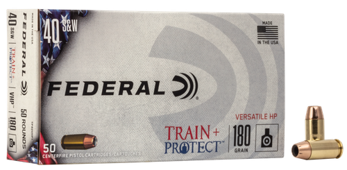 Federal Train & Protect Pistol Ammunition TP40VHP1, 40 S&W, Verstile Hollow Point (VHP), 180 GR, 1000 fps, 50 Rd/Bx