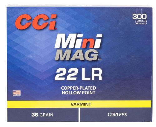 CCI Mini-Mag Rimfire Ammunition 962, 22 Long Rifle, Copper Plated Hollow Point (HP), 36 GR, 1260 fps, 300 Rd/bx