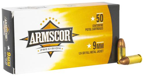 Armscor Pistol Ammunition 50041PH, 9mm Luger, Full Metal Jacket, 124 gr, 1092 fps, 50 Rd/Bx
