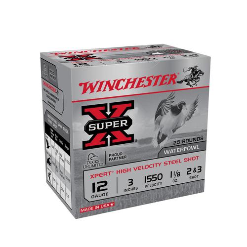 Winchester Super Xpert Shotshells WEX12323, 12 Gauge, 3", 1 1/8 oz, 1550 fps, #2/3 Steel Shot, 25 Rds/box