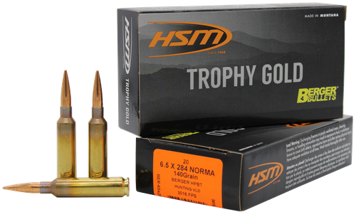 HSM Trophy Gold Rifle Ammunition 65X284140VLD, 6.5x284 Norma, Berger Hunting VLD, 140 GR, 2868 fps, 20 Rd/bx