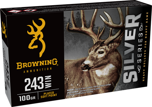 Browning Silver Rifle Ammunition B192602431, 243 Win, Plated Soft Point, 100 gr, 2960 fps, 20 Rd/Bx