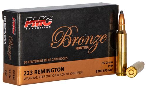 PMC Bronze Rifle Ammunition 223SP, 223 Remingtonm, Pointed Soft Point, 55 gr, 3200 fps, 20 Rd/Bx