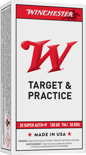 Winchester USA Pistol Ammunition Q4205, 38 Super Auto +P, Full Metal Jacket (FMJ), 130 GR, 1215 fps, 50 Rd/bx
