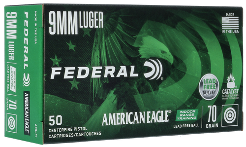 Federal American Eagle Indoor Range Training Pistol Ammunition AE9LF1, 9mm, Lead Free Ball, 70 GR, 1625 fps, 50 Rd/bx