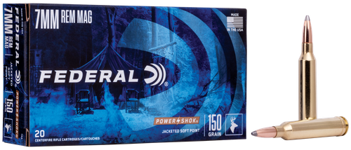 Federal Premium Power Shok Rifle Ammunition 7RA, 7 mm Remington Mag, Soft Point (SP), 150 GR, 3110 fps, 20 Rd/bx