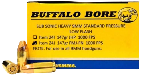 Buffalo Bore Handgun Ammunition 24J/20, 9mm, Full Metal Jacket Flat Nose, 147 GR, 1000 fps, 20 Rd/bx