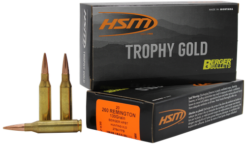 HSM Ammo Trophy Gold Extended Range Rifle Ammunition 260130VLD, 260 Rem, Berger Hunting VLD Match, 130 GR, 2784 fps, 20 Rd/bx