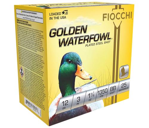 Fiocchi Golden Waterfowl Shotshells 123SGWBB, 12 Gauge, 3 in, 1-1/4 oz, 1400 fps, #BB Steel Shot, 25 Rds/Bx