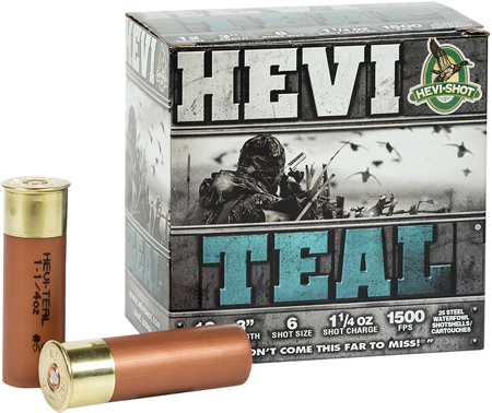 Hevishot Hevi-Teal Shotshells 61226, 12 Gauge, 2.75", 1-1/8 oz, 1500 fps, #6 Shot, 25 Rds/Bx