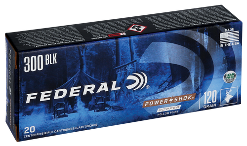 Federal Power-Shok Copper Rifle Ammunition 300BLK120LFA, 300 AAC Blackout, Copper, 120 GR, 2100 fps, 20 Rd/Bx