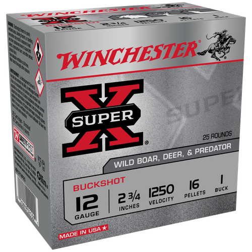 Winchester Super X Shotshells XB121VP25, 12 Gauge, 2-3/4", 16 Pellets, 1250 fps, #1 Buck Lead Buckshot, 25 Rds/box