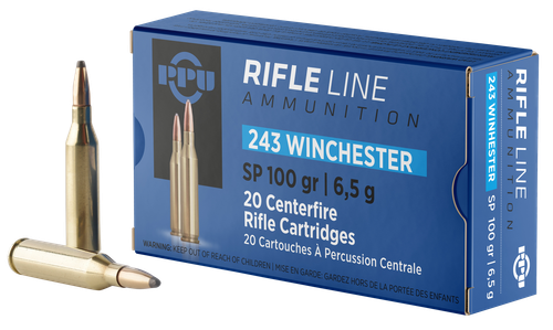 PPU Standard Big Game Rifle Ammunition PP2432, 243 Winchester, Soft Point (SP), 100 GR, 2960 fps, 20 Rd/Bx