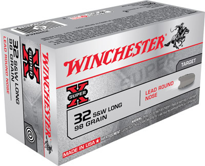 Winchester Super-X Pistol Ammunition X32SWLP, 32 S&W Long, Lead Round Nose (RN), 98 GR, 705 fps, 50 Rd/bx