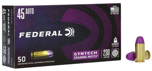 Federal Cartridge Pistol Ammunition AE45SJ2, 45 ACP, Total Syntech Jacket Flat Nose, 230 gr, 890 fps, 50 Rd/Bx
