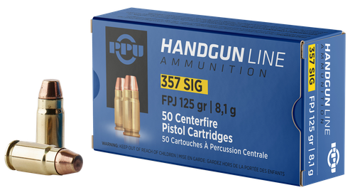 Prvi Partisan Pistol Ammunition PPH357S, 357 Sig, Flat Point Jacketed, 125 gr, 1542 fps, 50 Rd/Bx