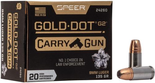 Speer Gold Dot G2 Carry Gun Handgun Ammunition 24260, 9MM, Gold Dot HP, 135 GR, 20 Rd/bx