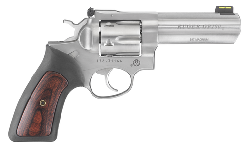 Ruger GP100 Revolver 1762, 357 Mag/38 Special, 4.2in, Black Rubber w/Hardwood Insert Grips, Satin Stainless Finish, 6 Rds