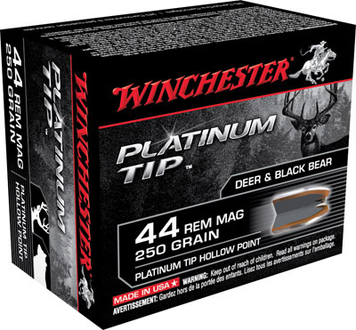 Winchester Supreme Pistol Ammunition S44PTHP, 44 Remington Mag, Platinum Tip Hollow Point (HP), 250 GR, 1250 fps, 20 Rd/bx
