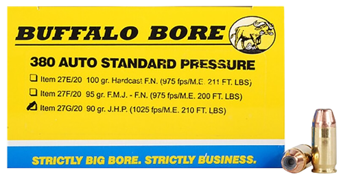 Buffalo Bore Handgun Ammunition 27G/20, 380 Auto, Jacketed Hollow Point (JHP), 90 GR, 1025 fps, 20 Rd/Bx