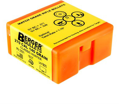 Berger Hunting Bullets 270 cal, .277 Diamter, 140 Grain, Match Grade, Classic Hunter, 100 Per Box (27571), Not Loaded
