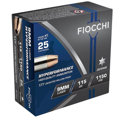 Fiocchi Hyperformance Defense Pistol Ammunition 9XTP25, 9mm Luger, Hornady XTP Hollow Point, 115 GR, 1150 fps, 25 Rd/bx