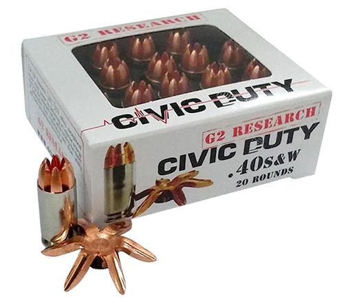 G2 Research Civic Duty Pistol Ammunition , 40 S&W, Copper Expansion Projectile, 122 GR, 1000 fps, 20 Rd/Bx