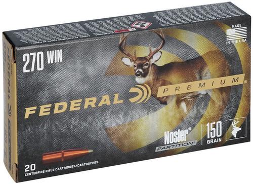 Federal Premium Vital-Shok Rifle Ammunition P270E, 270 Winchester, Nosler Partition, 150 GR, 2850 fps, 20 Rd/bx