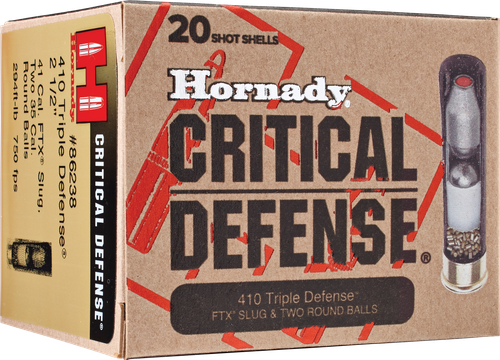 Hornady Critical Defense Shotshells 86238, 410 Gauge, 2-1/2", 750 fps, FTX Slug & 2 Round Balls, 20 Rd/bx