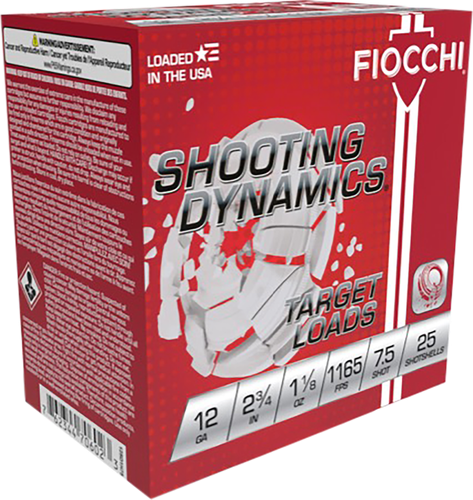 Fiocchi Shooting Dynamics Light Clay Target Loads 12SD18L75, 12 Gauge, 2-3/4", 1-1/8 oz, 1165 fps, #7.5 Lead Shot , 25 Rds/Bx
