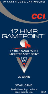 CCI HMR Gamepoint Small Game Rimfire Ammunition 0052, 17 HMR, Jacketed Soft Point (SP), 20 GR, 2375 fps, 50 Rd/bx