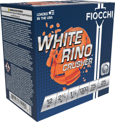Fiocchi White Rino Crusher Shotshells 12WRCR75, 12 Gauge, 2-3/4", 1-1/8 oz, 1300 fps, #7.5 Lead Shot, 25 Rd/bx