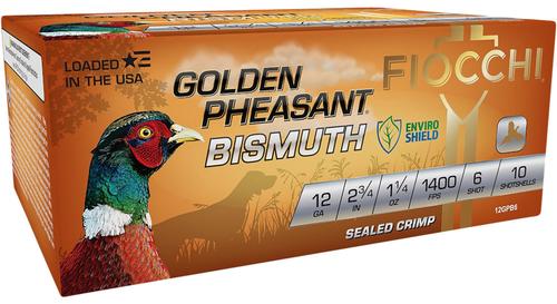 Fiocchi Golden Pheasant Bismuth Shotshells 12GPB6, 12 Gauge, 2-3/4", 1 1/4 oz, 1400 fps, #6 Steel Shot, 10 Rds/box