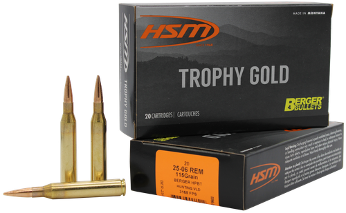 HSM Trophy Gold Rifle Ammunition 2506115VLD, 25-06 Remington, Berger Hunting VLD, 115 GR, 3165 fps, 20 Rd/bx