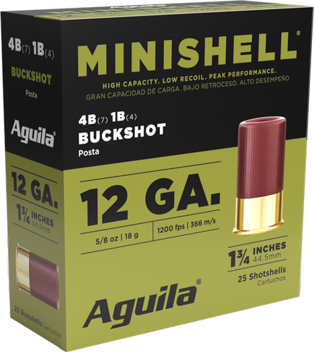 Aguila Minishell Buckshot Shotshells 1CHB1385, 12 Gauge, 1-3/4", 5/8 oz, 1200 fps, #4B (7P)/1B (4P) Lead Buckshot, 25 Rds/box