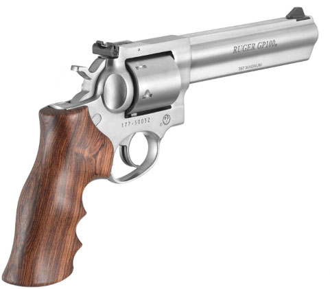 Ruger GP100 Double Action Revolver 1759, 357 Magnum, 6", Adj Sight, Hogue Stippled Hardwood, Satin Stainless Finish, 6rd
