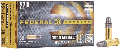 Federal Premium Gold Medal Rimfire Ammunition 719, 22 Long Rifle, Solid, 40 GR, 1200 fps, 50 Rd/bx