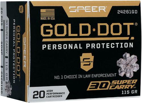 Speer Gold Dot Handgun Ammunition 24261GD, 30 Super Carry, HP, 115 GR, 1150 FPS, 20 Rd/bx