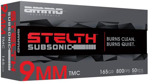Ammo Inc Stelth Pistol Ammunition 9165TMCSTL, 9mm Luger, Total Metal Case, 165 gr, 800 fps, 50 Rd/Bx