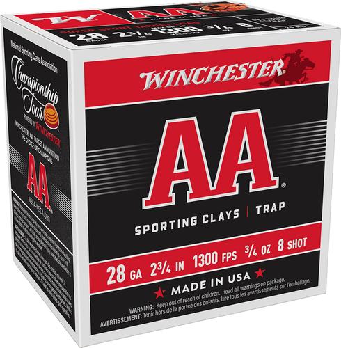 Winchester AA Sporting Clay Shotshells AASC288, 28 Gauge, 2-3/4", 3/4 oz, 1300 fps, #8 Lead , 25 Rds/box