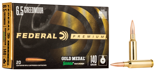 Federal Premium Gold Medal Rifle Ammunition GM65CRD1, 6.5 Creedmoor, Sierra Matchking, 140 GR, 2675 fps, 20 Rd/Bx