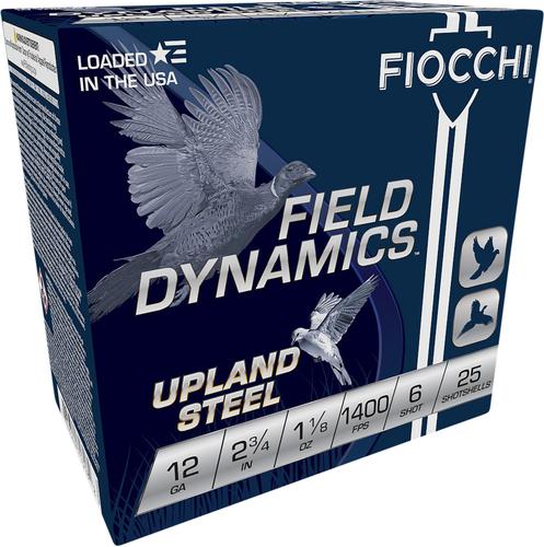 Fiocchi Field Dynamics Upland Steel Shotshells 12HVST6, 12 Gauge, 2-3/4", 1 1/8 oz, 1400 fps, #6 Steel Shot, 25 Rds/box