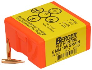 Berger Hunting Bullets 6 MM, .243 Diameter, 115 Grain, Match Grade, VLD, 100 Per Box (24530), Not Loaded