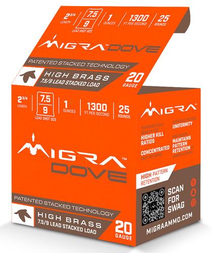 Migra High Brass Stacked Dove Shotshells M20LF759, 20 Gauge, 2 3/4", 1 oz, 1300 fps, 7.5/9 Shot, 25 Rd/bx
